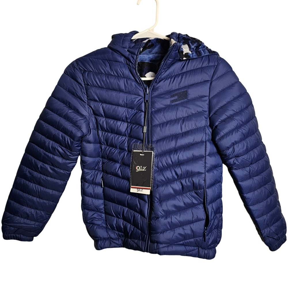 QLZ Boys Reversible Puffer Jacket Blue Camouflage Hooded Size 6 New with Tags‎